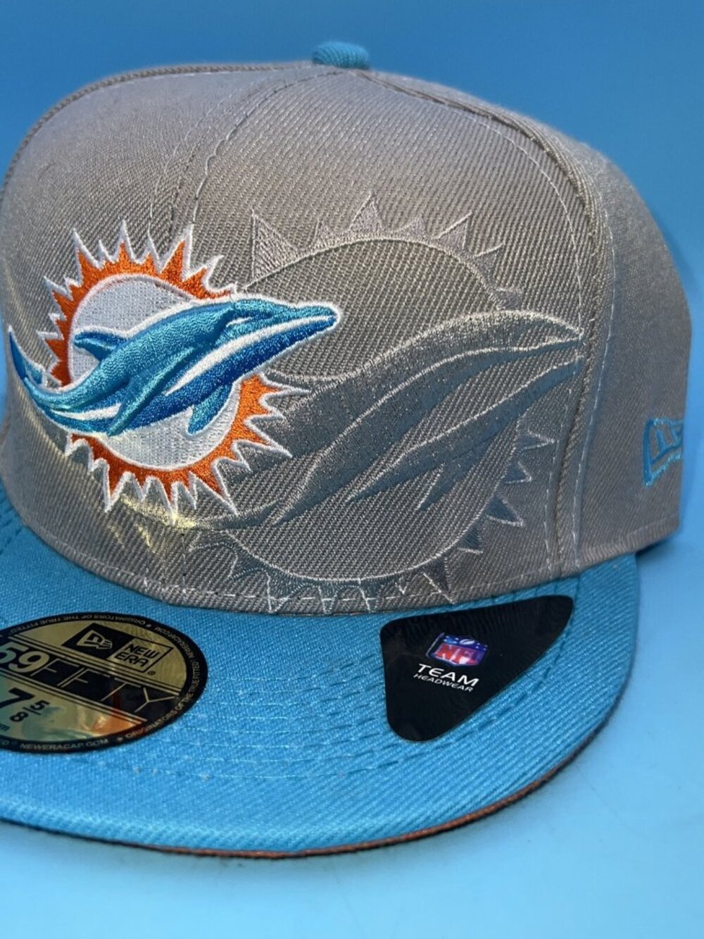 Miami Dolphins New Era Blue Gray Orange 59FIFTY Fitted Hat Men’s Size 7 5/8